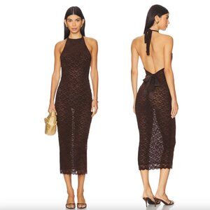 NEW LIONESS Members Midi Dress in Chocolate Brown Sheer Lace Halter Small S